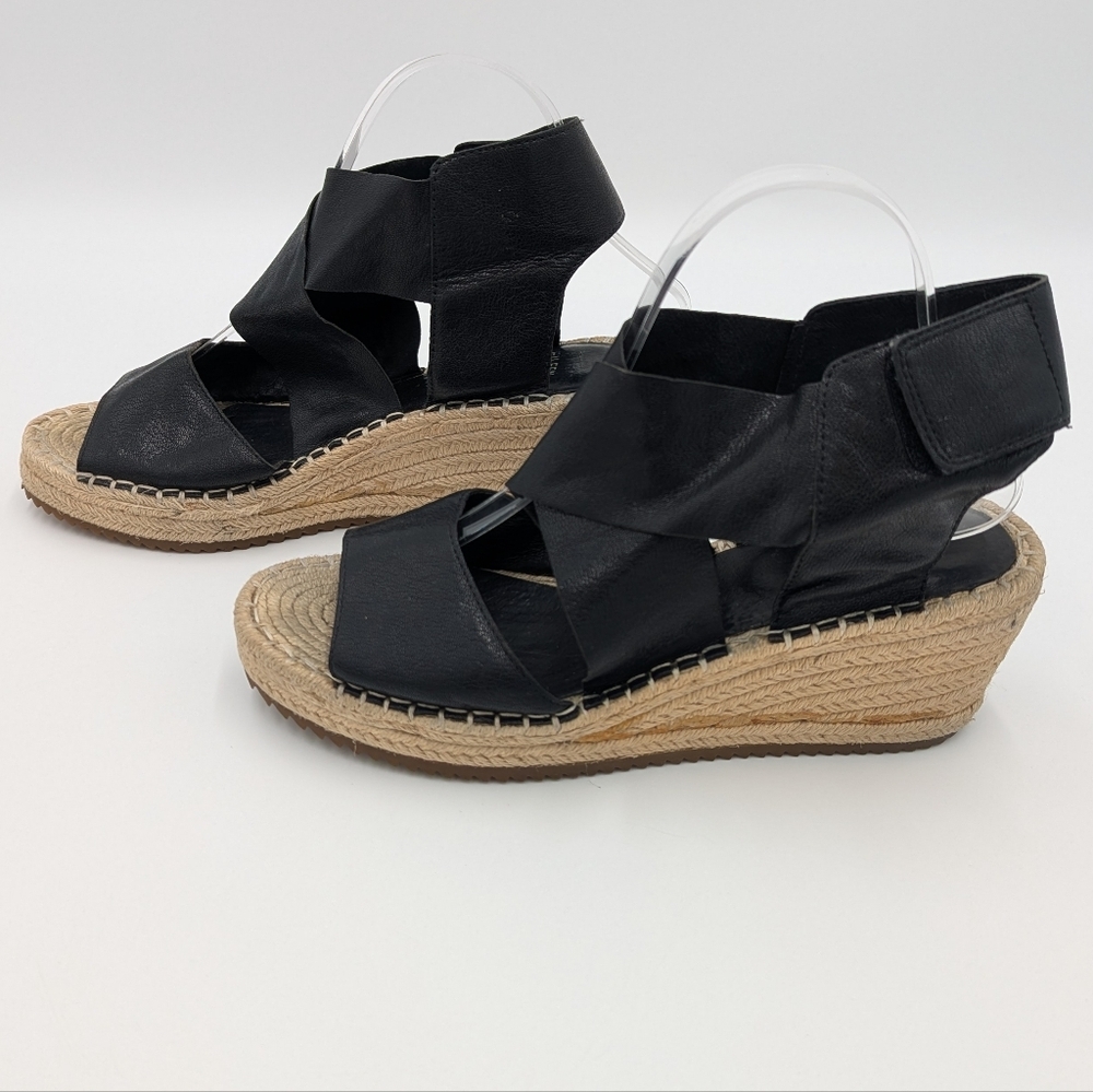 Eileen Fisher Willow Black Tumbled Leather Crisscross Espadrille Wedge 9.5 - Picture 3 of 10